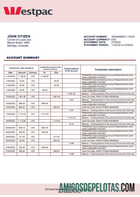 Exemplo de extrato bancário Westpac da Austrália